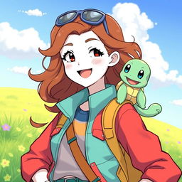 A bronze wavy-haired female Pokémon trainer with white skin and cute freckles, dressed in a vibrant and trendy trainer outfit