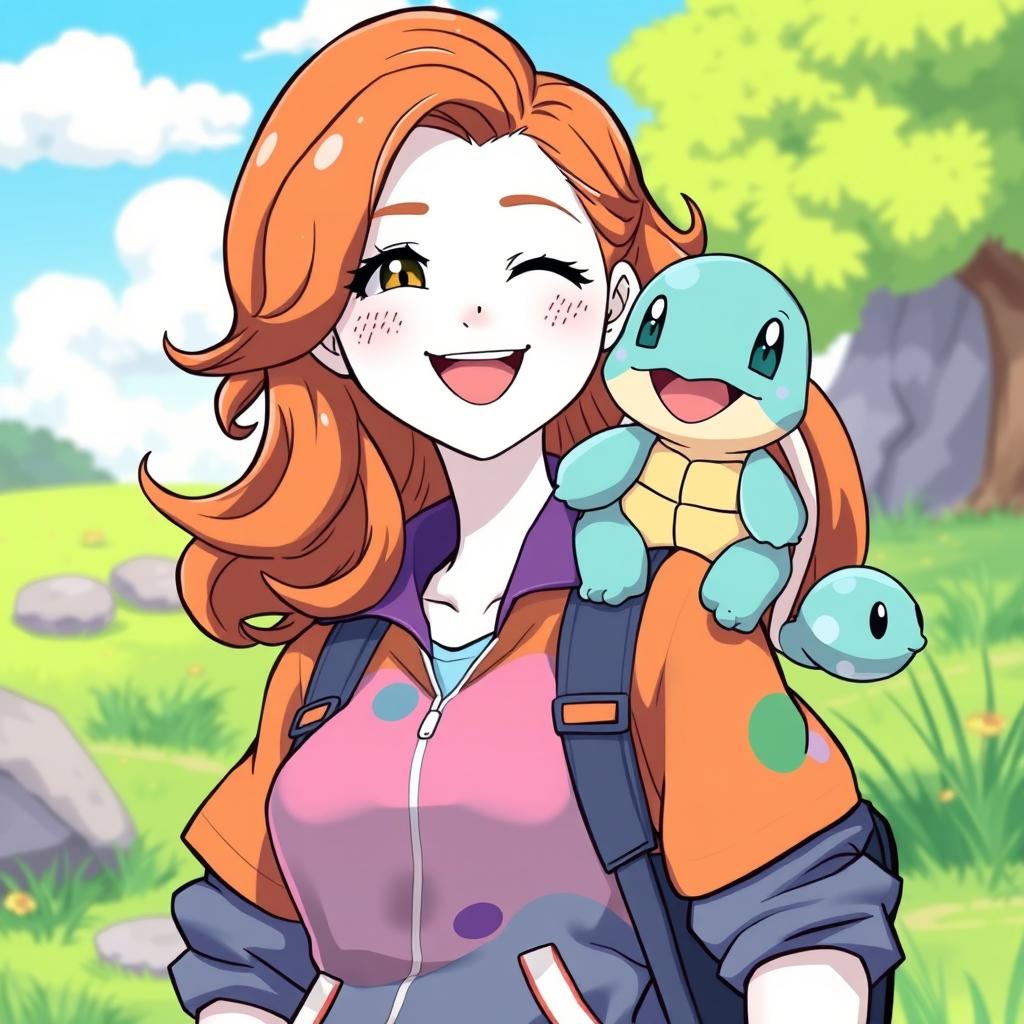 A bronze wavy-haired female Pokémon trainer with white skin and cute freckles, dressed in a vibrant and trendy trainer outfit