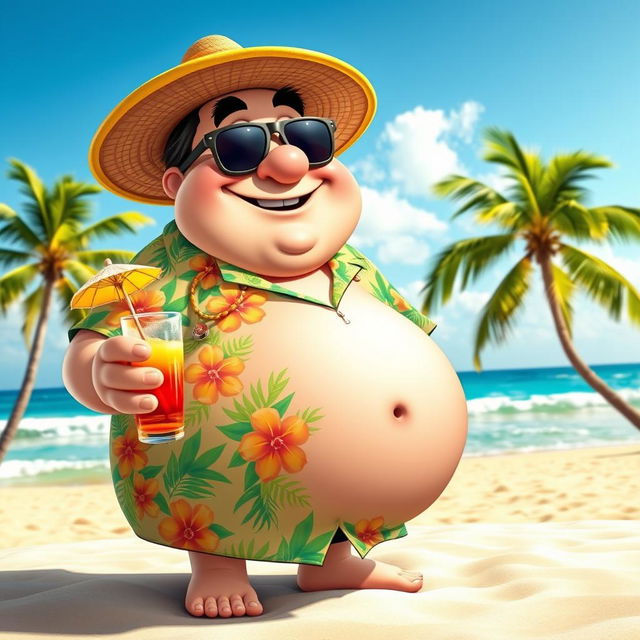 A whimsical and humorous image of a cartoonish character with a very large belly, wearing a colorful Hawaiian shirt and sunglasses, holding a tropical drink with a little umbrella on a sunny beach