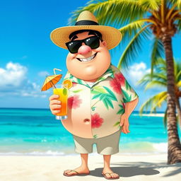 A whimsical and humorous image of a cartoonish character with a very large belly, wearing a colorful Hawaiian shirt and sunglasses, holding a tropical drink with a little umbrella on a sunny beach