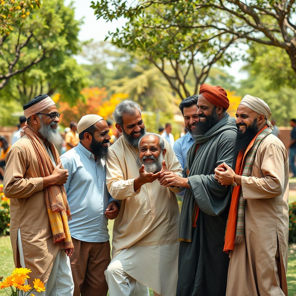 A dynamic scene depicting a diverse group of men from various cultures and backgrounds coming together in unity