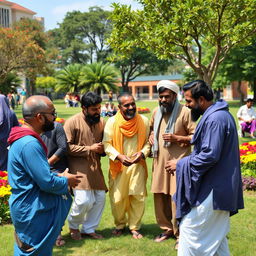 A dynamic scene depicting a diverse group of men from various cultures and backgrounds coming together in unity