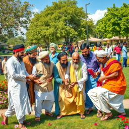 A dynamic scene depicting a diverse group of men from various cultures and backgrounds coming together in unity