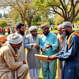 A dynamic scene depicting a diverse group of men from various cultures and backgrounds coming together in unity