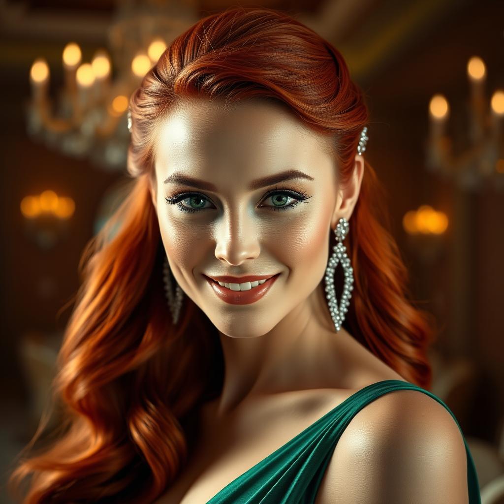 A stunning portrait of a glamorous adult woman with long, flowing red hair adorned with delicate silver accessories