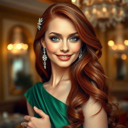 A stunning portrait of a glamorous adult woman with long, flowing red hair adorned with delicate silver accessories