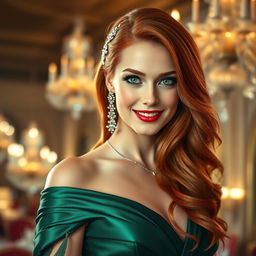 A stunning portrait of a glamorous adult woman with long, flowing red hair adorned with delicate silver accessories