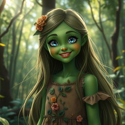 A fantasy scene featuring a vibrant green-skinned girl with long flowing hair, standing in a lush forest