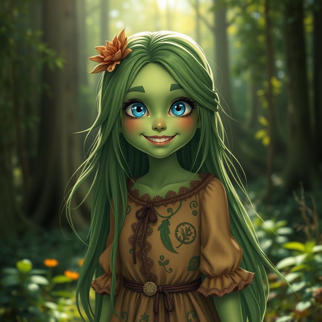 A fantasy scene featuring a vibrant green-skinned girl with long flowing hair, standing in a lush forest