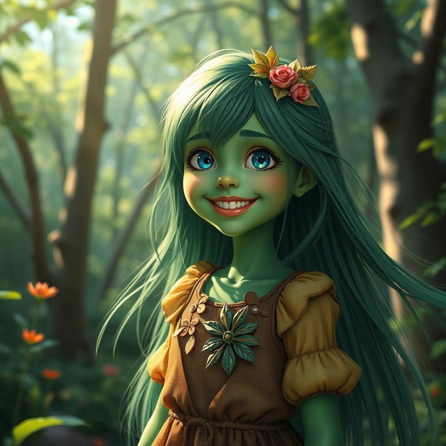 A fantasy scene featuring a vibrant green-skinned girl with long flowing hair, standing in a lush forest