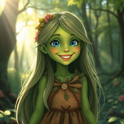 A fantasy scene featuring a vibrant green-skinned girl with long flowing hair, standing in a lush forest