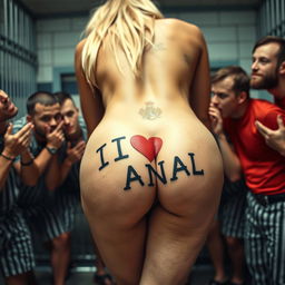 A close-up image of a blonde woman's naked round and sexy buttocks as she bends over, prominently displaying a bold "I LOVE ANAL" sign tattoo on her backside