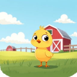 A cute little yellow chick standing on a farm, displaying a curious expression, illustrated in the style of Jon Klassen