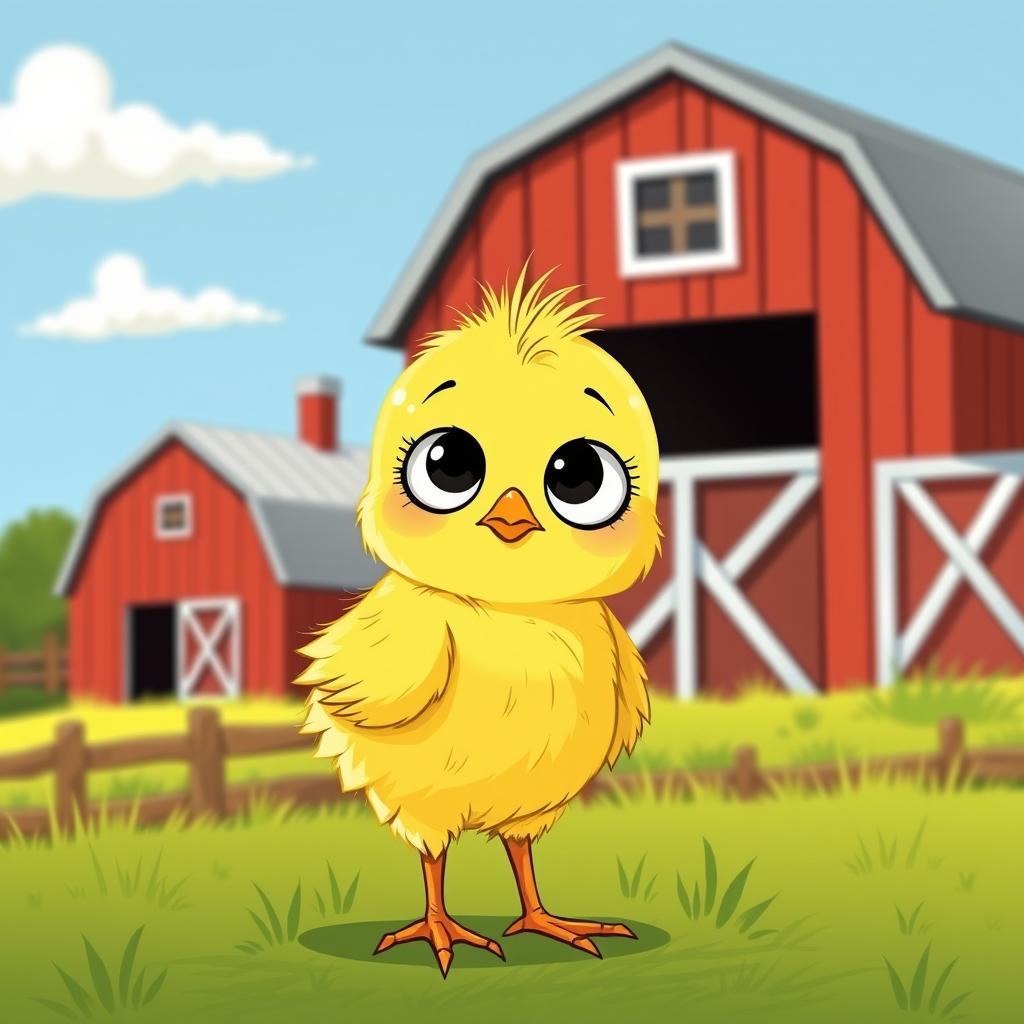 A cute little yellow chick standing on a farm, displaying a curious expression, illustrated in the style of Jon Klassen