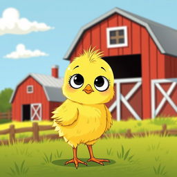 A cute little yellow chick standing on a farm, displaying a curious expression, illustrated in the style of Jon Klassen