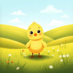 A cute little yellow chick standing in a grassy farm landscape, displaying a curious expression, illustrated in the style of Jon Klassen