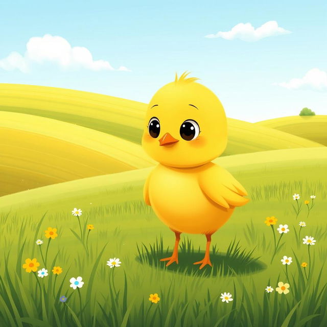 A cute little yellow chick standing in a grassy farm landscape, displaying a curious expression, illustrated in the style of Jon Klassen