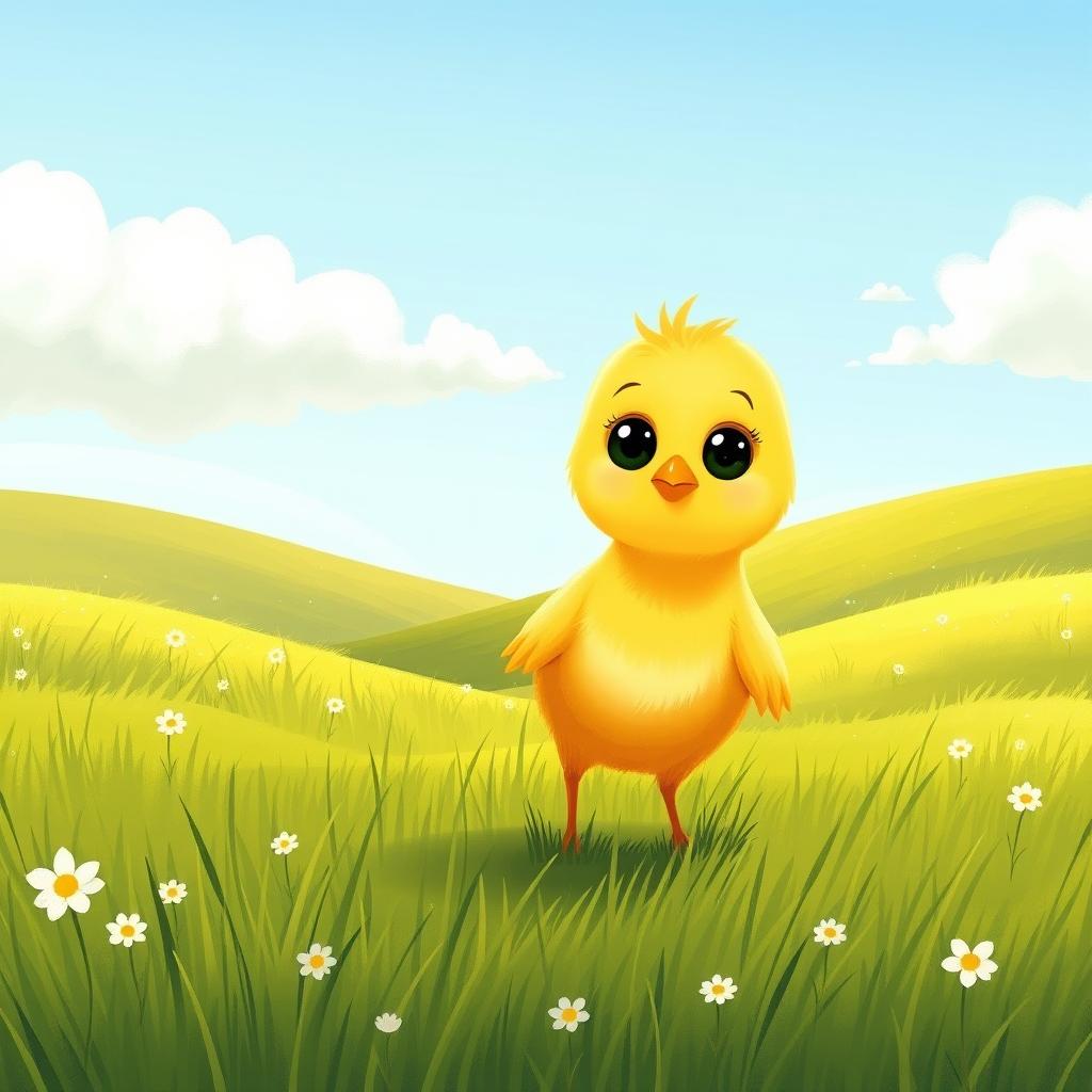 A cute little yellow chick standing in a grassy farm landscape, displaying a curious expression, illustrated in the style of Jon Klassen