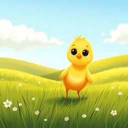 A cute little yellow chick standing in a grassy farm landscape, displaying a curious expression, illustrated in the style of Jon Klassen