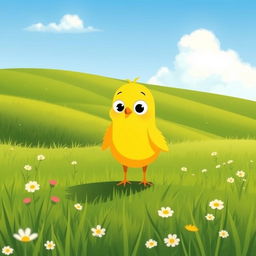 A cute little yellow chick standing in a grassy farm landscape, displaying a curious expression, illustrated in the style of Jon Klassen