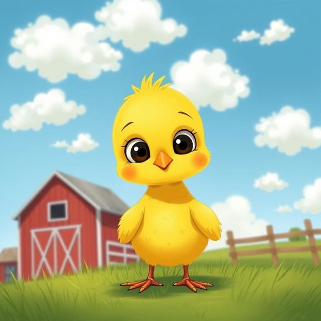 A cute little yellow chick standing on a farm, featuring a curious expression, illustrated in the charming style of Jon Klassen