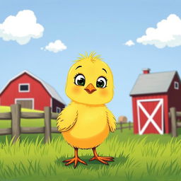 A cute little yellow chick standing on a farm, featuring a curious expression, illustrated in the charming style of Jon Klassen