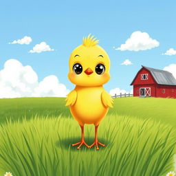 A cute little yellow chick standing on a farm, featuring a curious expression, illustrated in the charming style of Jon Klassen