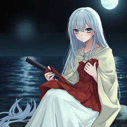 A girl with long white hair cascading down to her waist, cold blue eyes, and an expressionless face