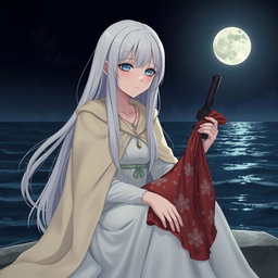 A girl with long white hair cascading down to her waist, cold blue eyes, and an expressionless face