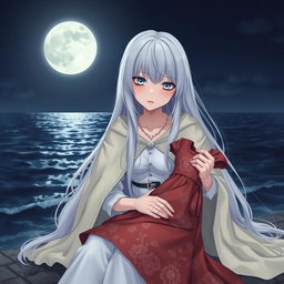 A girl with long white hair cascading down to her waist, cold blue eyes, and an expressionless face