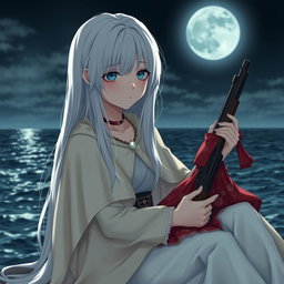 A girl with long white hair cascading down to her waist, cold blue eyes, and an expressionless face