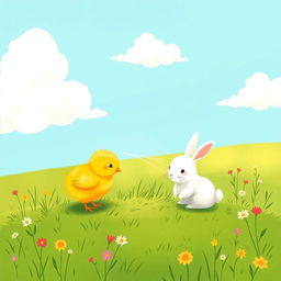 A cute little yellow chick encountering a small white rabbit on a patch of grass, illustrated in the charming style of Jon Klassen