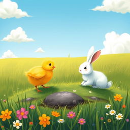 A cute little yellow chick encountering a small white rabbit on a patch of grass, illustrated in the charming style of Jon Klassen