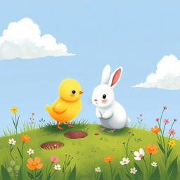 A cute little yellow chick encountering a small white rabbit on a patch of grass, illustrated in the charming style of Jon Klassen