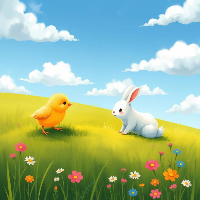 A cute little yellow chick encountering a small white rabbit on a patch of grass, illustrated in the charming style of Jon Klassen