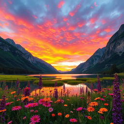 A stunning landscape scene at sunset featuring vibrant colors of orange, pink, and purple in the sky, reflecting on a calm lake surrounded by lush greenery and tall mountains in the background