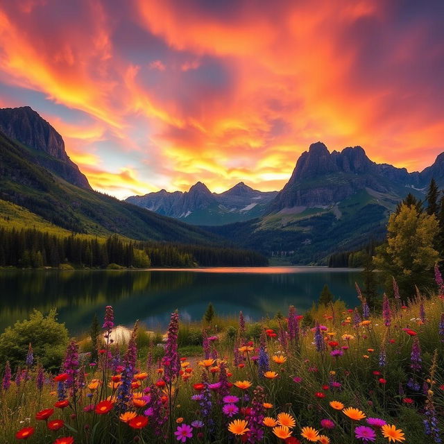 A stunning landscape scene at sunset featuring vibrant colors of orange, pink, and purple in the sky, reflecting on a calm lake surrounded by lush greenery and tall mountains in the background