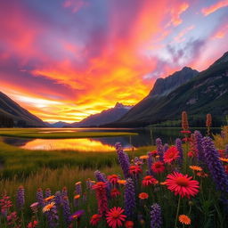 A stunning landscape scene at sunset featuring vibrant colors of orange, pink, and purple in the sky, reflecting on a calm lake surrounded by lush greenery and tall mountains in the background
