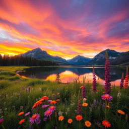 A stunning landscape scene at sunset featuring vibrant colors of orange, pink, and purple in the sky, reflecting on a calm lake surrounded by lush greenery and tall mountains in the background