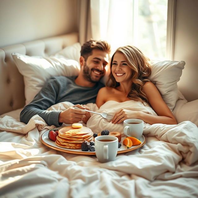 A beautiful romantic scene depicting a couple having breakfast in bed