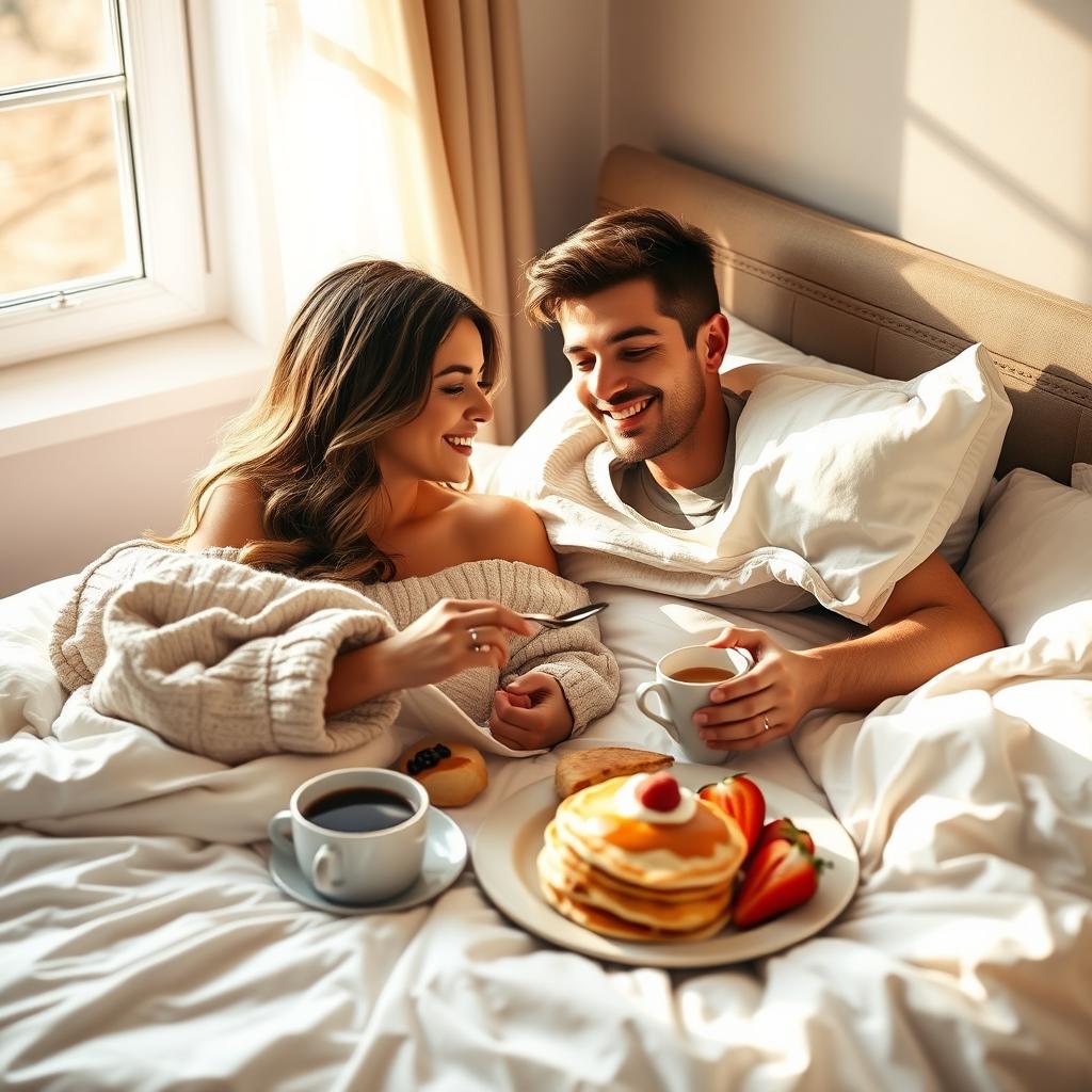 A beautiful romantic scene depicting a couple having breakfast in bed