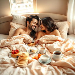 A beautiful romantic scene depicting a couple having breakfast in bed