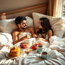 A beautiful romantic scene depicting a couple having breakfast in bed