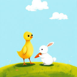 A cute little yellow chick encountering a small white rabbit holding a carrot on a patch of grass, illustrated in the charming style of Jon Klassen