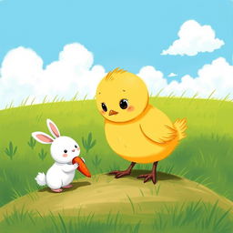 A cute little yellow chick encountering a small white rabbit holding a carrot on a patch of grass, illustrated in the charming style of Jon Klassen