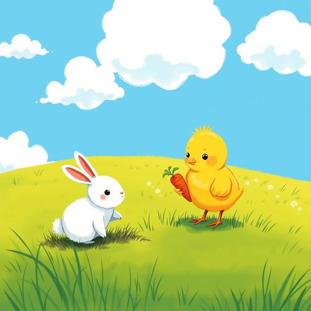 A cute little yellow chick encountering a small white rabbit holding a carrot on a patch of grass, illustrated in the charming style of Jon Klassen