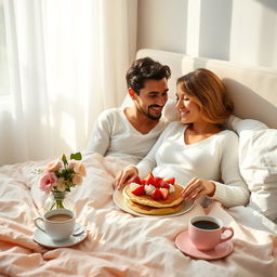 A beautiful romantic scene of a couple enjoying breakfast in bed together on a sunny morning
