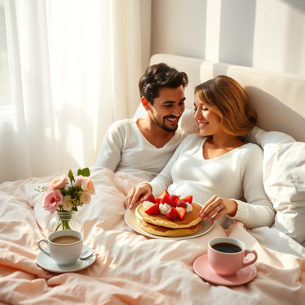 A beautiful romantic scene of a couple enjoying breakfast in bed together on a sunny morning