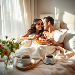 A beautiful romantic scene of a couple enjoying breakfast in bed together on a sunny morning