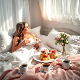 A beautiful romantic scene of a couple enjoying breakfast in bed together on a sunny morning